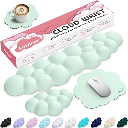 Sushret Cloud Wrist Rest for Computer Keyboard, 4-in-1 Memory Foam Leather Cloud Keyboard Wrist Rest and Mouse Pad Set with Ergonomic Support for Arm and Palm Cushion, Gaming/Work Setup, Light Green