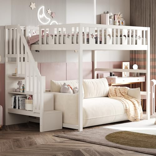 LANTRO JS Hochbett 140x200cm, Hochbett Kinder Etagenbett aus Massivholz, Rausfallschutz Hochbett mit Treppe, Stern- und Monddekoration, Weiß