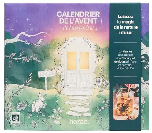Horae - Calendrier de l'Avent tisane infusion bio 2025-24 tisanes dont 1 bouquet à infuser à partager - Infusions bien-être, florales et de saison produites en France - Idée cadeau de Noël