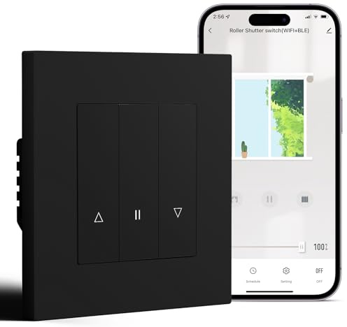 BSEED WLAN Rollladenschalter Unterputz mit PC Rahmen, Smart Jalousien Schalter benötigt Nullleiter, WiFi Rolladen Zeitschaltuhr Prozentuale Steuerung, kompatibel mit Alexa/Google Home, Schwarz