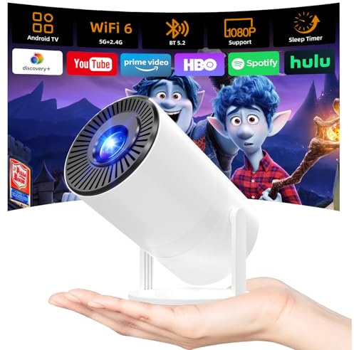 【Android 14 & Built-in Apps】Tecaki Mini Projector, Portable Projector with WiFi 6 and Bluetooth 5.2, 180° Rotatable Support 1080P with Auto Keystone for Home Bedroom Compatible with TV Stick/HDMI/USB