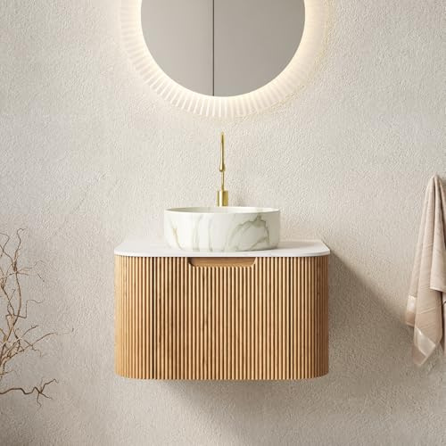 VIVCA Lavabo da bagno sospeso da 61 cm, DINA, bianco rotondo in ceramica con motivo in pietra e top bianco Carrara, bordi curvi in compensato a righe con cassetto,venature del legno naturale.