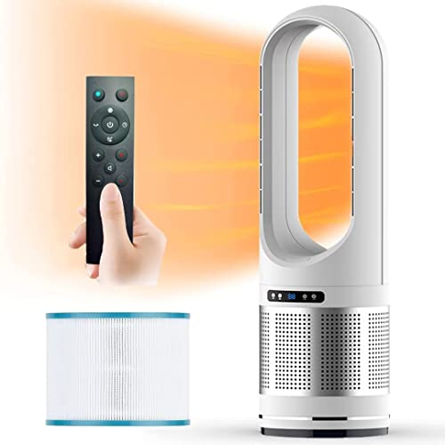 Ventilador de torre moderno con filtro, grande, de pie, sin aspas, calentador de 2000 W, 8 velocidades, temporizador de 8 horas, pantalla LED, purificador de aire oscilante de 80° y control