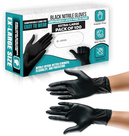 AIBULO Black Nitrile Gloves 100 Pack Extra Large | Heavy Duty Disposable Latex Free Gloves | Textured Grip XL Gloves for Cleaning, Food Prep, Tattoo, Salon, Automotive and Home Tasks