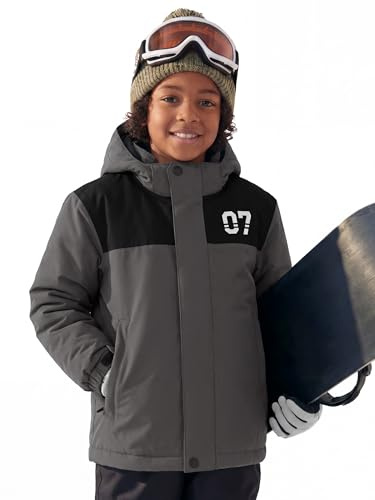 FREE SOLDIER Boy's Waterproof Warm Ski Jacket Windproof Fleece Thick Kids Winter Coat with Hood for Snowboarding Outdoor (Grey 10-12/Boy)