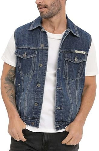 CoXuantion Gilet di Jeans da Uomo Senza Maniche Cotone Gilets Casual Retro Vintage Jeans Giacca con Bottone Punk Gilet Denim per Fotografia Moto 3XL,Blu