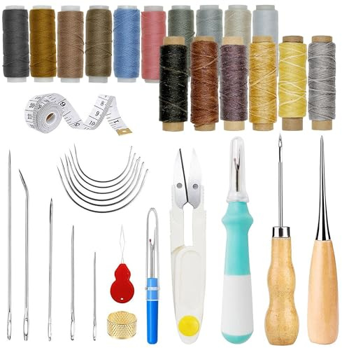 JMZLLRX Kit de Costura de Cuero, Kit de Punzón de Costura Incluye Hilo Encerado de Cuero, Agujas de Costura para Reparación Tapicería y Manualidades, 35 Piezas