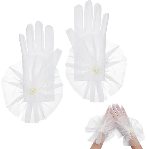 NBEADS 1 paio Guanti Corti In Pizzo A Dita Intere, Guanti Da Sposa Bianchi con Perle, Guanti Da Principessa per Abiti Da Ballo Accessori per Costumi Da Sposa e Feste di Nozze, 28.5x9-18cm