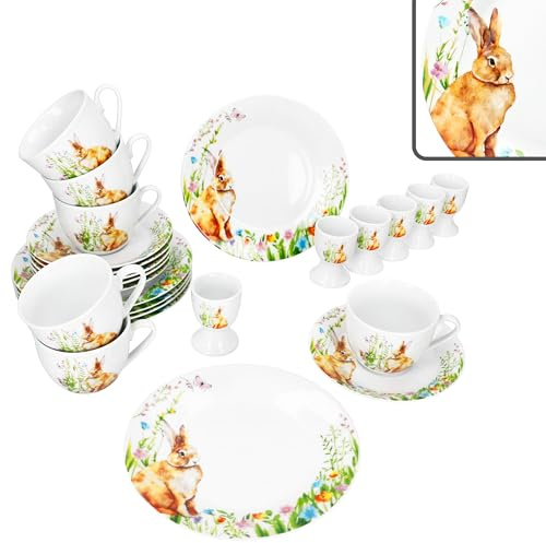 MamboCat Osterfreude Lot de 24 pièces pour petit-déjeuner I 6 assiettes à gâteau, 6 tasses à café de 200 ml, 6 soucoupes et 6 coquetiers avec décor lapin de Pâques I 6 personnes, porcelaine I Petit