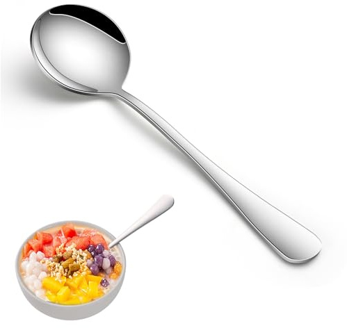 Round Soup Spoons Set of 8, 7.4 Inch Classic Metal Kitchen Silverware Spoons, Mirror Polished Stainless Steel Spoons for Cereal, Dessert