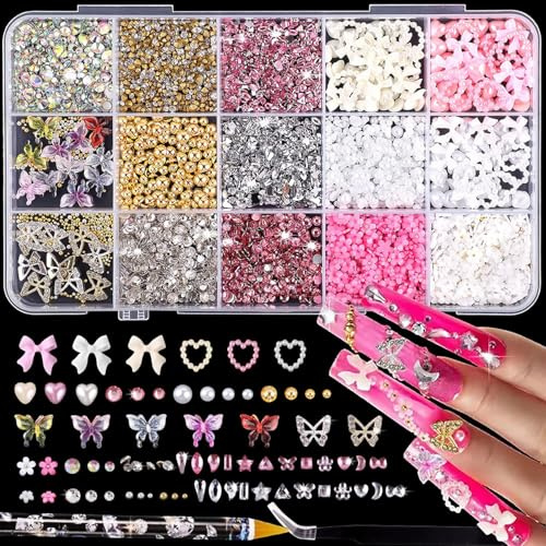MNYXIS Decoración de Uñas 3D, 1 Caja de Dijes para Uñas de Aleación y Resina, decoracion uñas, Accesorios de Nail Art para Manicura DIY, Adornos Elegantes para Mujeres y Salón de Belleza Profesional