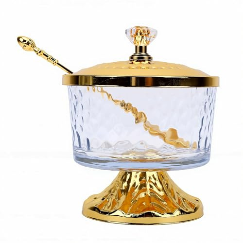 Topiky Azucarero de Vidrio con Tapa, Cuchara, Bote Decorativo para Dulces, Tarro de Sal para Almacenamiento en Encimera de Cocina, Multiusos (GOLD)