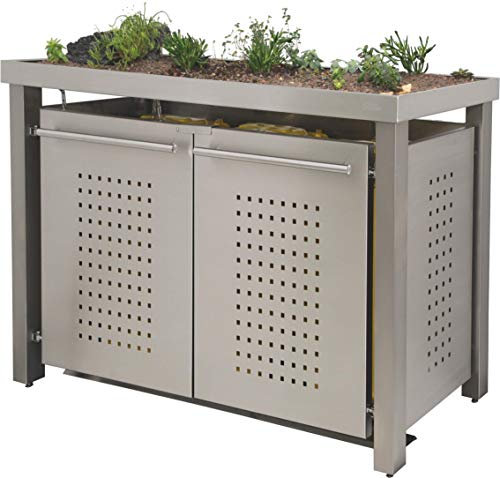 Mülltonnenbox aus Edelstahl mit Edelstahlpfosten (2X 120l, F-Design, Pflanzenwanne, Edelstahl)