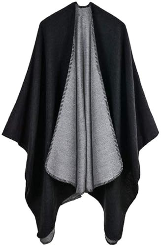 Shmily Girl Womens Reversible Oversized Poncho Cape Blanket Shawl Cardigans (One Size, Black & Grey)