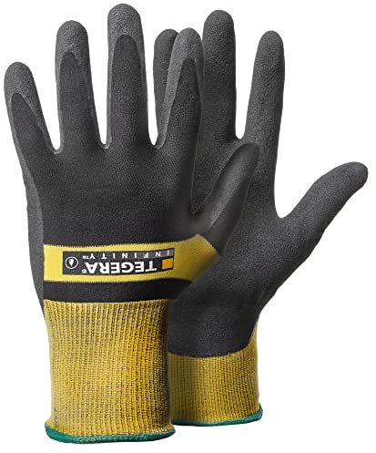 TEGERA® Infinity 8802 Synthetik-Montagehandschuh aus Nylon mit Nitrilschaum-Beschichtung, Wasserdichte Handflächen, 1 Paar, Schwarz/Gelb Größe 9