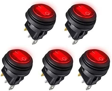 Linkstyle 5PCS Impermeabile Interruttore levetta, 12V 3 Pin SPST ON/off Interruttore Bilanciere Rotondo con Luce LED Rosso per Auto
