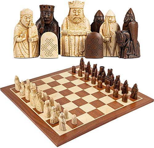 The Official Isle of Lewis Large Mahagony Chess Set - 4 Queen Edition - Includes 21 Inch Large Wooden Chess Board and Themed Pieces