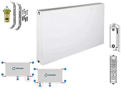 Belrad® Planheizkörper Typ 22 - glatt & plan, Universalheizkörper für Wandmontage, Mittelanschluss, inkl. Halter & Ventil, RAL 9016 reinweiß, 8 Anschlüsse 500x1600 mm (HxB)