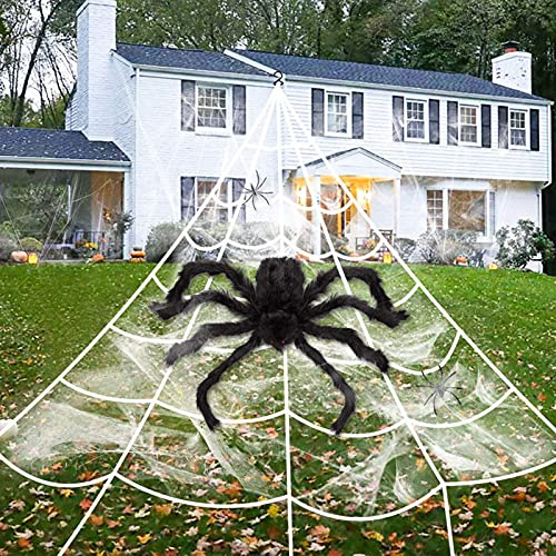 Halloween Deko Outdoor Spinne Groß, 500cm+480cm Riesige Spinnennetz, Elastizität Spinnennetzen, Dreieckiges Riesen Spinnennetz, Garten Gruselig Spinnennetz Groß Set, für Halloween Garten Party