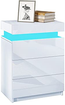 Senvoziii White Bedside Table with Charging Station LED Light Nightstand High Gloss Bedside Cabinet Unit with 3 Drawers & Flip Cover for Bedroom Living Room