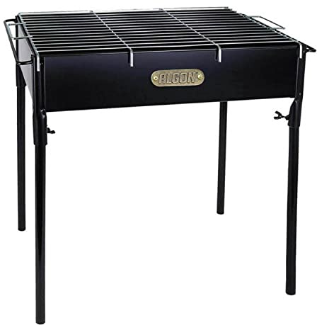 Algon | Barbacoa de Hierro Artesanal con Ruedas Parrilla Zincada Rectangular para Carbón y Leña | Barbacoa Ajustable en 5 Niveles Protector de Viento y Superficie Lateral de Madera