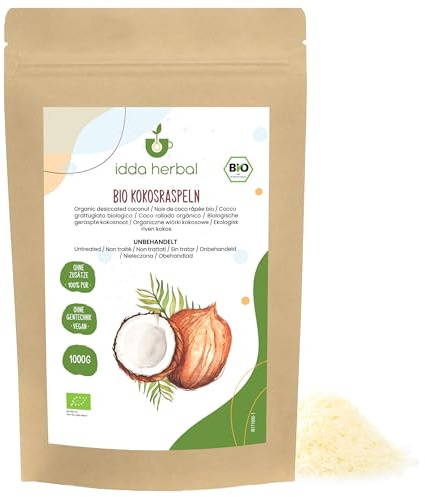 IDDA Herbal Kokosraspeln BIO 1kg, bio Kokosraspeln ohne Zuckerzusatz | Kokosflocken zum Backen und für Desserts, ideal für Müsli, Porridge, Smoothie Bowls, Müsliriegeln und als dekoratives Topping