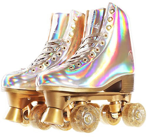 JajaHoho Roller Skates for Women, Holographic High Top PU Leather Rollerskates, Shiny Double-Row Four Wheels Quad Skates for Girls and Age 8-50 Indoor Outdoor (Size 7, Champagne Gold)
