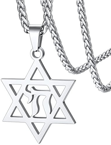 FaithHeart Edelstahl Davidstern Anhänger mit Hebrätischer Chai Symbol für Herren Männer Jüdischer Hebräische Chai Halskette mit Geschenkebox für Geburtstag Weihnachten Halloween