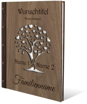 Kartenmachen.de Stammbuch der Familie Holz mit Echtleder Rücken Gravur individuell mit Extras DIN A4 Nussbaum Amerikanisch - Herzbaum