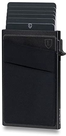 Lederhand® Cardon Wallet - Aluminium Mini Kartenhalter mit Geldtasche und Platz für bis zu 7 Kreditkarten - Minimalist Card holder aus echtem mit RFID-Schutz - Geschenkbox | (Schwarz)