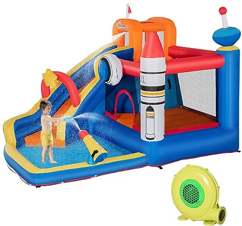 Outsunny Castello Gonfiabile per Bambini 3-8 Anni a tema Spazio con Borsa da Trasporto, 11 Paletti e Toppe Inclusi, in Tessuto Oxford, 340x270x227 cm