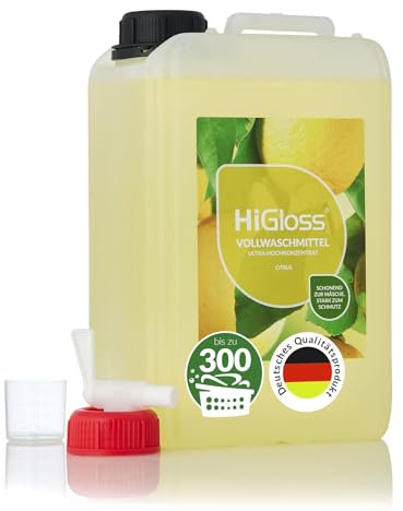 HiGloss Vollwaschmittel Hochkonzentrat 3000ml – Für bis zu 300 Anwendungen – Leistungsstark ab 30°C – Allergikergeeignet – Citrusduft – Mit Dosierhilfe & Auslaufhahn – Flüssigwaschmittel