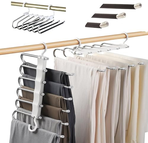 Set di 2 Grucce Pantaloni Salvaspazio Antiscivolo Resistenti in Acciaio Inossidabile Con 6 Aste - Appendi Pantaloni da Armadio Appendiabiti Multifunzionale Stampelle con Ganci (2 GRUCCE)