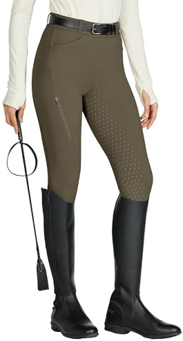 WILLIT Leggings da equitazione da donna, in silicone, con inserti completi, a vita alta, elasticizzati, con tasca con cerniera, passanti per cintura, marrone, XS