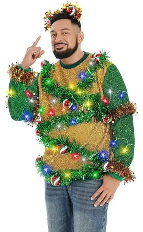 U LOOK UGLY TODAY Feo Divertido con luz LED suéter de Punto Grueso de Navidad para Hombres de Manga Larga