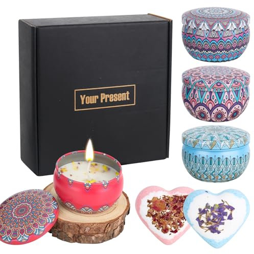 XCWTBL Duftkerzen Geschenkset Für Frauen,Tragbare 2 Handgefertigte Badekugeln 4 Stück Aromatherapie Kerzen Mit Sojawachs In Dosen,Geschenke Für Frauen, Für Weihnachten, Geburtstag, Valentinstag, Xmas