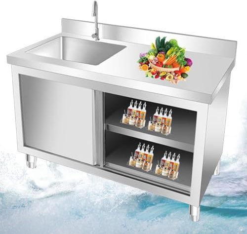 Edelstahl Spültisch Spülenschrank, Mit Spüle Und Armatur, Outdoor Spüle, Freistehende Mobile Schranktür, Mit Unterschrank, Spülbecken Ausgussbecken Küchenspüle, Für Außen Werkstatt Küche(100x60cm)