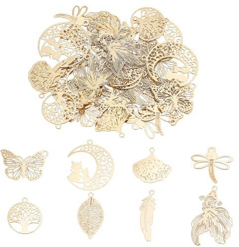 HOBBIESAY 48 pezzi 8 stili in acciaio inox filigranato ciondolo oro a tema botanico charm Buterfly piatto rotondo cavo metallo ciondolo foglie ciondoli ciondoli decorazioni in metallo per la creazione
