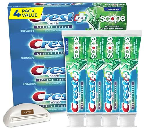CRST Complete Active Fresh + Whitening and Scope Toothpaste, 5.5 oz, Pack of 4 Bundled with LUXPAXS Squeezer