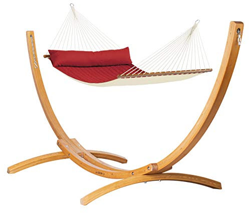 LA SIESTA® Alabama Gesteppte Hängematte mit Stab & Holzgestell - Wetterfeste Hängematte mit Gestell, Hängematte Outdoor Indoor - Hängemattengestell für 2-Personen - Kingsize Hängematten, Red Pepper