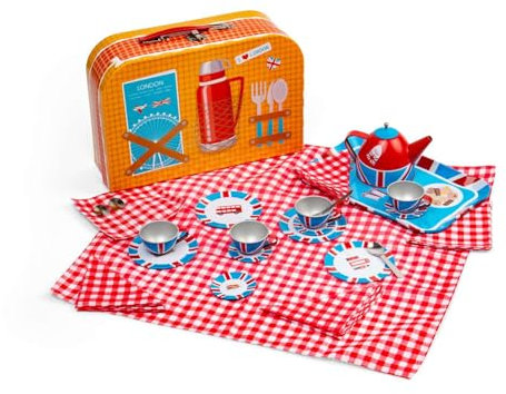 Bigjigs Toys London Tin Tea Set - 24 Piece Child’s Teaset, Kids Picnic Sets, Toddlers Role Play Toy, Gifts For Children, Age 3 + Years
