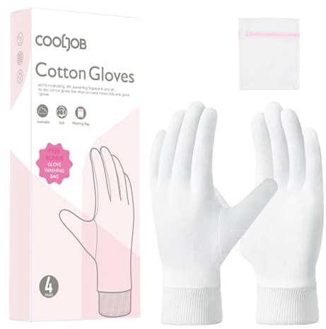 COOLJOB Guanti in cotone bianco con polsini aderenti, per idratare le mani secche, sollievo dall'eczema e trattamento SPA notturno, guanti traspiranti per ispezione di monete gioielli (4 paia, taglia