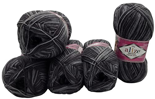 5 x 100 Gramm Superwash Sockenwolle einfarbig und mehrfarbig, 75% Schurwolle, 500 Gramm Wolle für Stricksocken und Strümpfe (schwarz grau 7676)