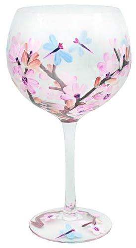 Widdle Gifts Hand Painted Balloon Gin Glass Beatiful Floral Design from Lynsey Johnstone Range and Comes in a Matching Gift Box (Blossom with Dragonfly 0978)