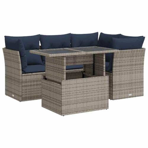 vidaXL 5-TLG. Garten-Sofagarnitur mit Kissen Grau Poly Rattan Akazie, Outdoor Sofagarnitur, Gartensofa Set, Lounge Set, Sofagarnitur Terrasse