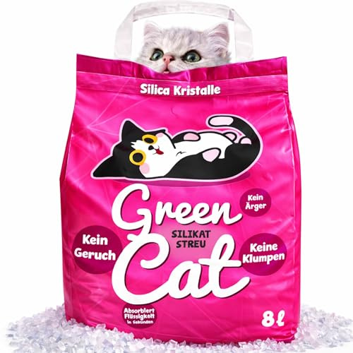 GreenCat Silicat 4x8 Liter (32 Liter) Silikatstreu Katzenstreu |100% Kieselgel | Keine Klumpenbildung | Neutralisiert den Geruch | Staubfrei + Unparfümiert | Hygienisch & Saugstark | Saubere Wohnung