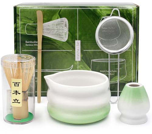 Matcha Kit, 5 Pièces Set Matcha Complet avec Fouet Matcha Bambou, Bol Matcha, Tamis, Support Matcha Fouet et Cuillère Matcha, Premium pour Préparation, Idéal pour la Maison, le Bureau et Comme Cadeau
