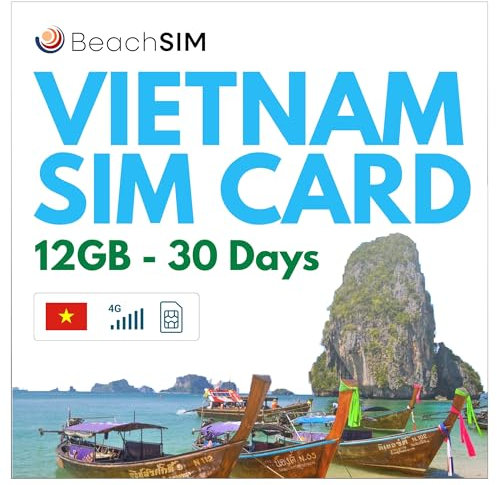 BeachSIM Carte SIM Vietnam. 12GB de données à des Vitesses 4G / 5G. Données Uniquement SIM. Itinérance Gratuite en Indonésie, à Hong Kong, à Macao, au Sri Lanka et à Singapour. Valable 30 Jours