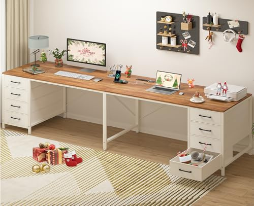 TVU 95 2 Person Desk with 8 Drawers, Large Writing Home Office Desks with Outlets, I Shaped Workstation Double Desk Drawer Organizers (Antique White)