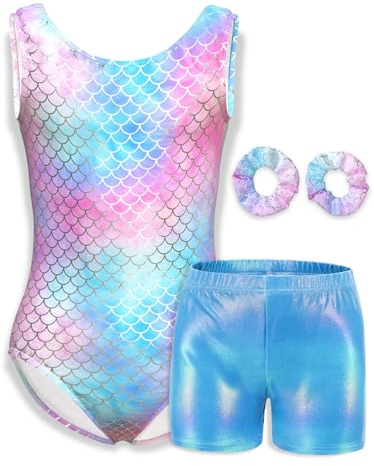 Mulnall Justaucorps de gymnastique pour filles – Tenue de sport pour enfants, Ensemble sirène bleu-rose, 9Y(9-10 Years)
